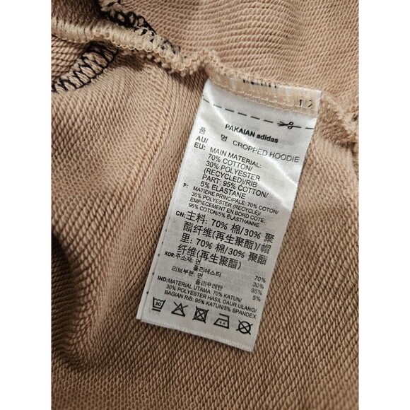 Adidas Originals Women's Beige Black Logo Tape Cropped Hoodie Sweatshirt Size 32 - Picture 10 of 12